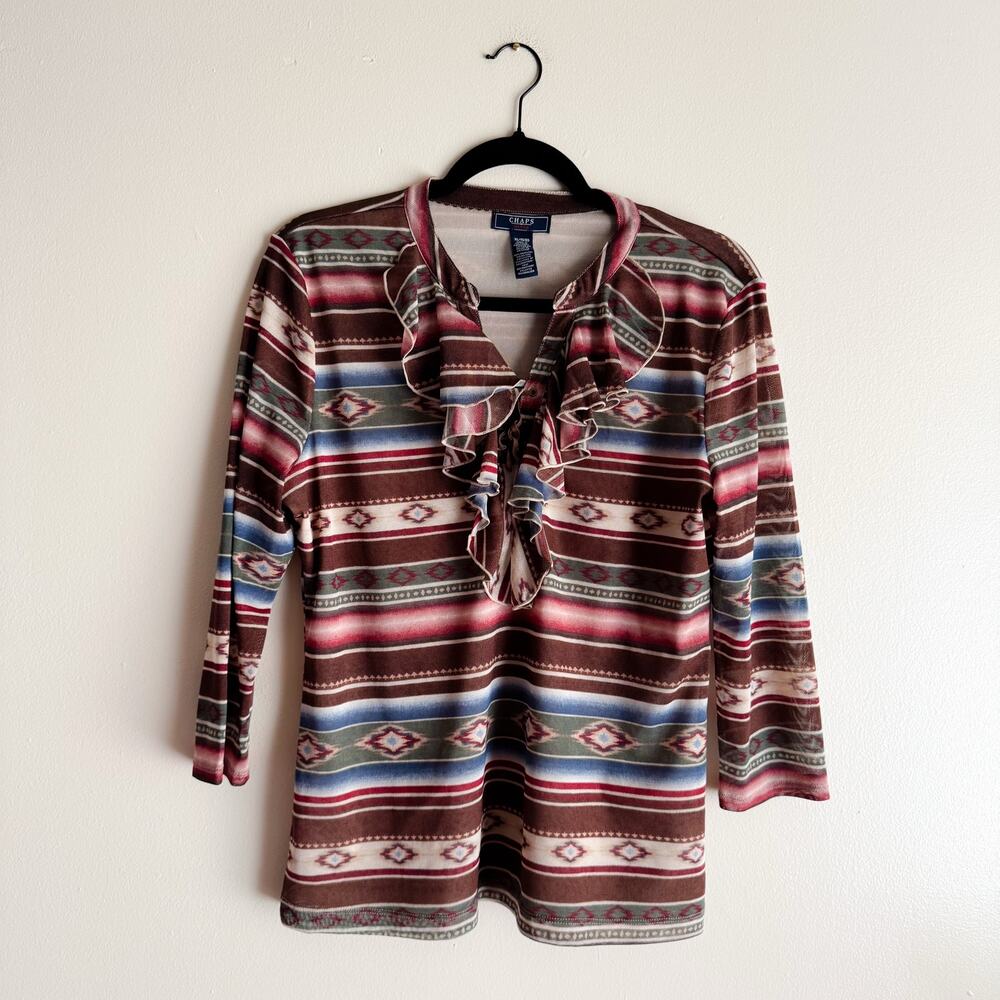 Chaps Brown + Red Southwest Semi-Sheer Tie Front Girlie Ruffle Blouse XL
